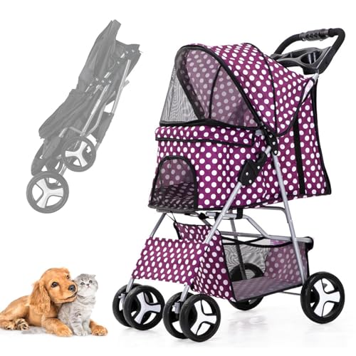 RUYICZB Hundewagen Hundebuggy Mit Klappfunktion Pet Stroller Für Kleine Hunde Und Katzen Faltbarer Hundewagen Mit Aufbewahrungskorb Kinderwagen Hunde Oxford Haustiere Reisekinderwagen,Purple red von RUYICZB