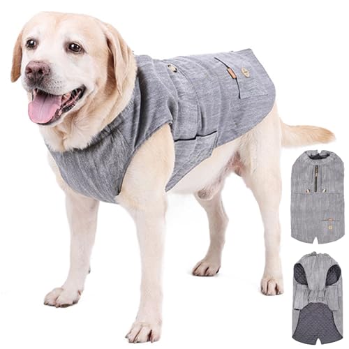 RUYICZB Hundmantel Winterjacke Mit Tasche, Kälte Mäntel Weste, Haustier Warm British Style Kleidung Outfits Für Kleine Medium Große Hunde Zurück Reißverschluss Leine Loch,Gary,L von RUYICZB