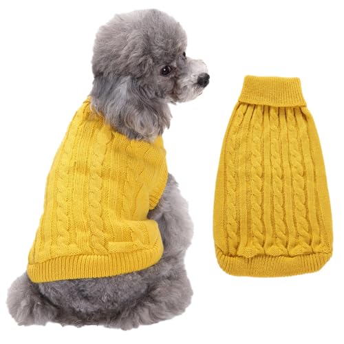 RUYICZB Kabel Stricken Hundepullover Für Kleine Mittlere Hunde Klassische Rollkragen Dicke Kleidung Für Herbst Winter, Weiche Warme Hundekleidung, Welpen Pullover Hund Strickwaren,Gelb,S von RUYICZB