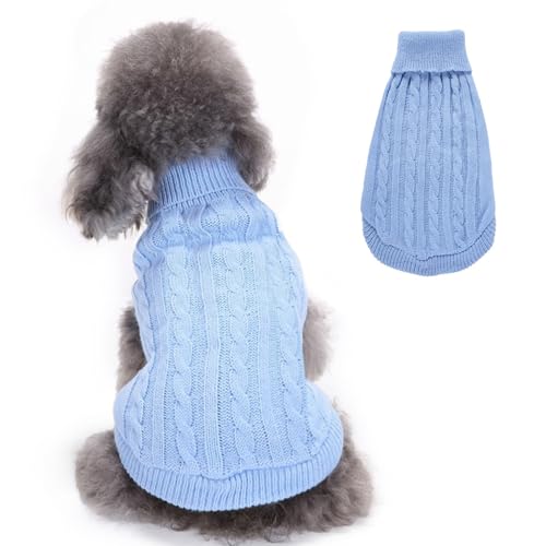 RUYICZB Kabel Stricken Hundepullover Für Kleine Mittlere Hunde Klassische Rollkragen Dicke Kleidung Für Herbst Winter, Weiche Warme Hundekleidung, Welpen Pullover Hund Strickwaren,Light Blue,L von RUYICZB