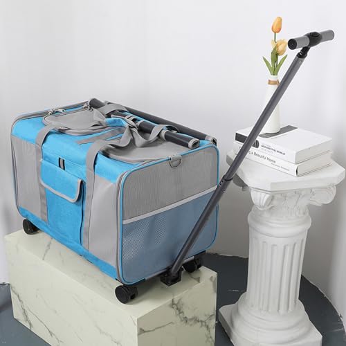 RUYICZB Katzen Transporttasche Mit Rollen, Katzentransportbox Trolley Für 2 Katzen, Hundetrolley Transporttasche Für Hund Katzen Bis 16Kg Super Belüftetes Design,Für Reisen/Spaziergänge/Camping,Blau von RUYICZB