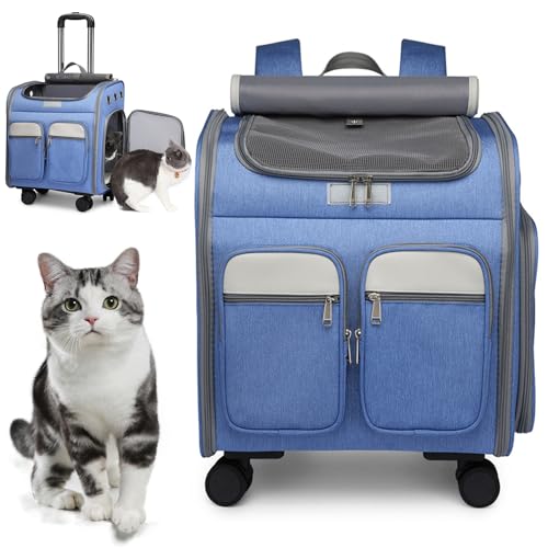 RUYICZB Katzenrucksack Hunderucksack Mit Rollen, Rucksäcke Trolley Für Kleine Hund Und Katzen, Hundetrolley Transporttasche Haustierwagen Faltbarer Transportbox Atmungsaktiv,Blau von RUYICZB