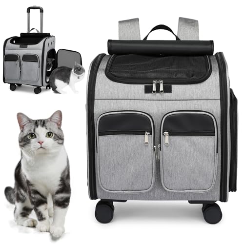 RUYICZB Katzenrucksack Hunderucksack Mit Rollen, Rucksäcke Trolley Für Kleine Hund Und Katzen, Hundetrolley Transporttasche Haustierwagen Faltbarer Transportbox Atmungsaktiv,Grau von RUYICZB