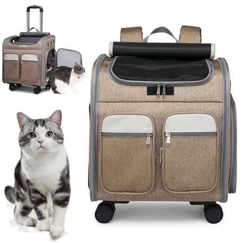 RUYICZB Katzenrucksack Hunderucksack Mit Rollen, Rucksäcke Trolley Für Kleine Hund Und Katzen, Hundetrolley Transporttasche Haustierwagen Faltbarer Transportbox Atmungsaktiv,Khaki von RUYICZB