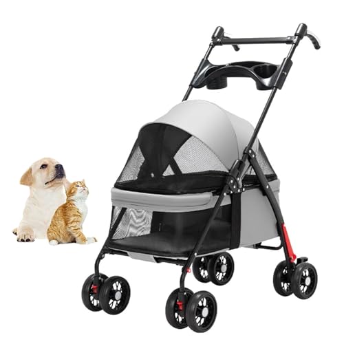 RUYICZB Kinderwagen für Haustiere mit Getränkehalter, zusammenklappbarer Reisekinderwagen für Hunde mit verstellbarem Griff und Sonnenschutz, Kinderwagen für Hunde,Grau von RUYICZB