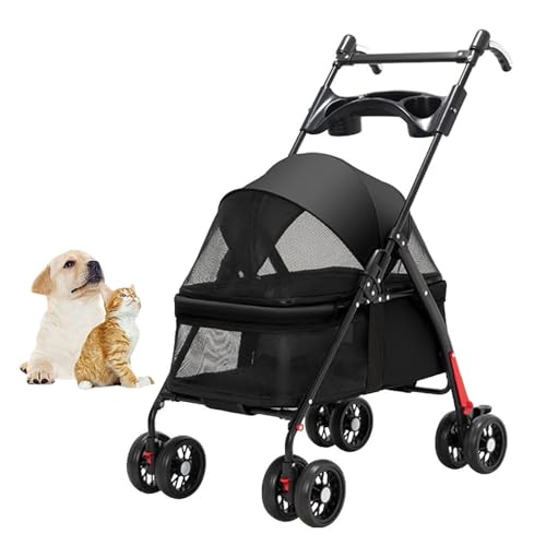 RUYICZB Kinderwagen für Haustiere mit Getränkehalter, zusammenklappbarer Reisekinderwagen für Hunde mit verstellbarem Griff und Sonnenschutz, Kinderwagen für Hunde,Schwarz von RUYICZB