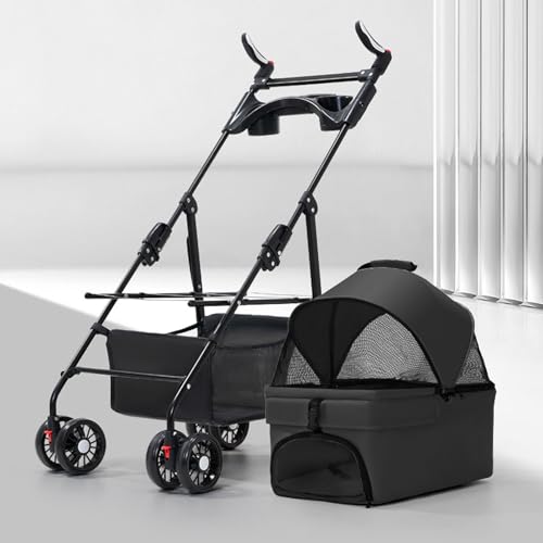RUYICZB Kinderwagen für Hunde und Katzen mit 4 Rädern, Jogger-Kinderwagen mit Hundekäfig, verstellbarem Griff und Sonnenschutz, Faltbarer Kinderwagen für Haustiere,Black (with Tray) von RUYICZB