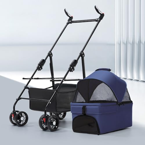 RUYICZB Kinderwagen für Hunde und Katzen mit 4 Rädern, Jogger-Kinderwagen mit Hundekäfig, verstellbarem Griff und Sonnenschutz, Faltbarer Kinderwagen für Haustiere,Navy Blue RUYICZB Kinderwagen für Hunde und Katzen mit 4 Rädern, Jogger-Kinderwagen mit Hundekäfig, verstellbarem Griff und Sonnenschutz, Faltbarer Kinderwagen für Haustiere,Navy Blue von RUYICZB
