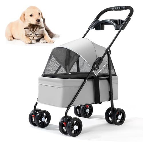 RUYICZB Kinderwagen mit 4 Rädern, Katzen-/Hundekäfig-Buggy mit zu öffnendem Verdeck vorne und hinten und Netzfenster, Haustier-Buggy für Hunde und Katzen zum Ausgehen,Grau RUYICZB Kinderwagen mit 4 Rädern, Katzen-/Hundekäfig-Buggy mit zu öffnendem Verdeck vorne und hinten und Netzfenster, Haustier-Buggy für Hunde und Katzen zum Ausgehen,Grau von RUYICZB