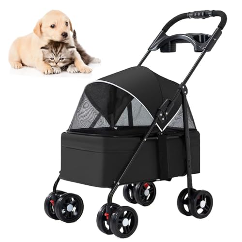RUYICZB Kinderwagen mit 4 Rädern, Katzen-/Hundekäfig-Buggy mit zu öffnendem Verdeck vorne und hinten und Netzfenster, Haustier-Buggy für Hunde und Katzen zum Ausgehen,Schwarz RUYICZB Kinderwagen mit 4 Rädern, Katzen-/Hundekäfig-Buggy mit zu öffnendem Verdeck vorne und hinten und Netzfenster, Haustier-Buggy für Hunde und Katzen zum Ausgehen,Schwarz von RUYICZB