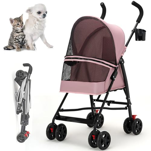 RUYICZB Klappbarer Hundewagen, Hundebuggy Bis 10Kg, Katzenbuggy Kinderwagen Hundebuggy Haustier Transportwagen, 360° Vorderrad, Hinterrad Mit Bremse, Atmungsaktives Netz,Rosa von RUYICZB