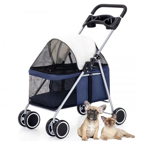 RUYICZB Leichter Kinderwagen für Haustiere, tragbarer, Faltbarer Hundekinderwagen mit multifunktionalem Getränkehalter, Hunde-/Katzenkinderwagen mit feststellbaren Rädern,Blau von RUYICZB