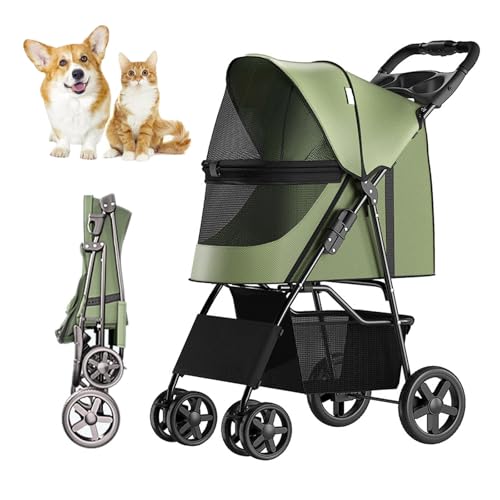 RUYICZB Mit einem klick zusammenklappbarer Katzenbuggy mit reißverschlusslosem Einstieg, atmungsaktiver Jogger-Haustierbuggy mit Aufbewahrungskorb und Getränkehalter,Grün RUYICZB Mit einem klick zusammenklappbarer Katzenbuggy mit reißverschlusslosem Einstieg, atmungsaktiver Jogger-Haustierbuggy mit Aufbewahrungskorb und Getränkehalter,Grün von RUYICZB