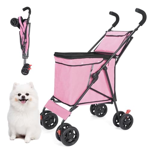RUYICZB Regenschirmförmiger Hundekäfig-Jogging-Kinderwagen für kleine Hunde, Faltbarer Haustier-Kinderwagen mit Hinterradbremsen, Leichter Hunde-Kinderwagen,Rosa von RUYICZB