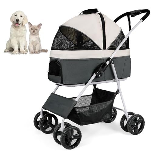 RUYICZB Reisebuggy für Hunde mit Reißverschluss, einfaches Zusammenklappen mit Einer Hand, zusammenklappbarer Haustierbuggy mit 4 Rädern und großem Aufbewahrungskorb,Grau RUYICZB Reisebuggy für Hunde mit Reißverschluss, einfaches Zusammenklappen mit Einer Hand, zusammenklappbarer Haustierbuggy mit 4 Rädern und großem Aufbewahrungskorb,Grau von RUYICZB
