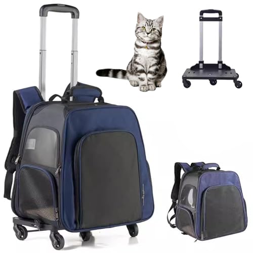 RUYICZB Rollbarer Haustier-Tragerucksack, Hunderucksack mit Rädern und atmungsaktivem Netz für kleine Katzen und Hunde, Rollbarer Katzen-Tragerucksack,Blau von RUYICZB