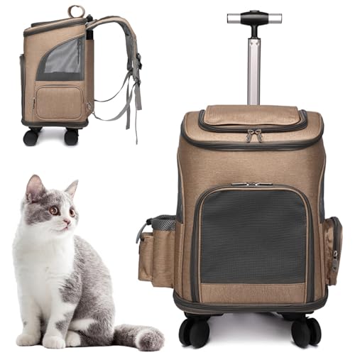 RUYICZB Rollierter Haustierträger-Rucksack Rucksäcke Trolley Für Hunde Katzen Welpenkomfort Katze Rucksack Abnehmbare Rollwechsel-Mesh-Lüftungsfenster Aufbewahrungs-Taschen,Braun von RUYICZB