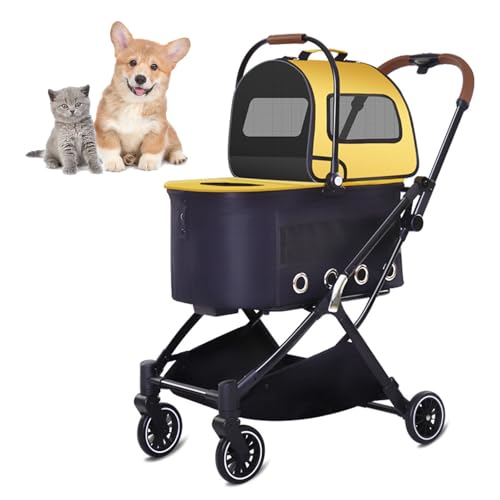 RUYICZB Tragbarer Reisekinderwagen für Haustiere mit schwenkbarem Vorderrad, atmungsaktiver Katzenbuggy mit Aufbewahrungskorb und abnehmbaren Polstern,Gelb RUYICZB Tragbarer Reisekinderwagen für Haustiere mit schwenkbarem Vorderrad, atmungsaktiver Katzenbuggy mit Aufbewahrungskorb und abnehmbaren Polstern,Gelb von RUYICZB