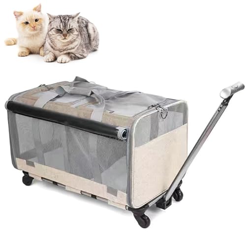 RUYICZB Tragetasche Trolley Für Kleine Und Mittelgroße Hunde Und Katzen Haustiere Bis 16Kg, Reisetasche Mit Rollen, Transportbox Für Kleintiere, Transporttasche Mit Zwei Fächern,Khaki von RUYICZB