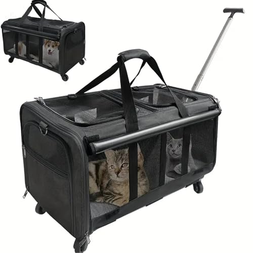 RUYICZB Tragetasche Trolley Für Kleine Und Mittelgroße Hunde Und Katzen Haustiere Bis 16Kg, Reisetasche Mit Rollen, Transportbox Für Kleintiere, Transporttasche Mit Zwei Fächern,Schwarz von RUYICZB