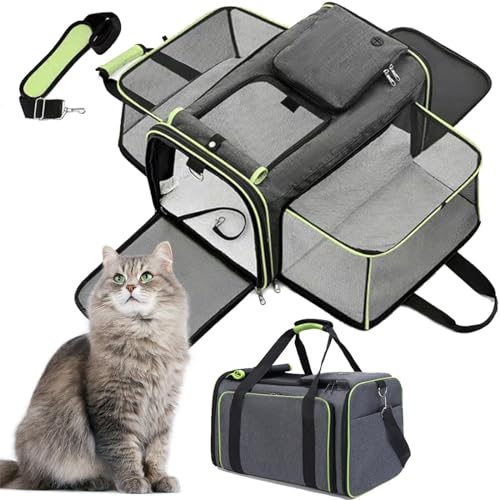 RUYICZB Transporttasche Für Katzen Und Hunde, Erweiterbar Transportbox Katze Hund, Faltbare Katzentransporttasche Hundetasche Mit Waschbare Matte Und Sicherheitsleine,Grün von RUYICZB