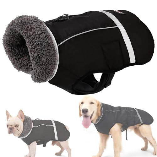 RUYICZB Wasserdichter Winddichter Hundemantel Für Kaltes Wetter, Warme Hundekleidung Hunde Winterweste Jacken Mit Fleece Gefütterte Reflektierend Für Kleine Mittlere Große Hunde,Schwarz,L von RUYICZB