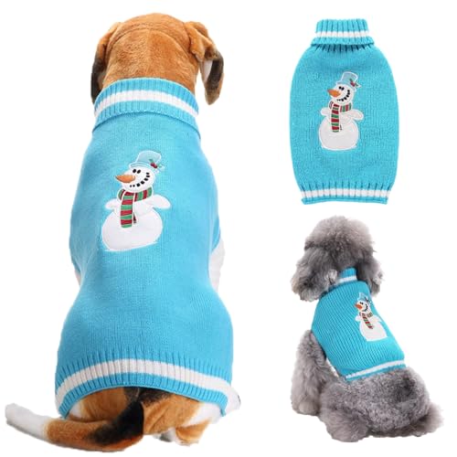 RUYICZB Weihnachten Hundepullover Für Hunde Mädchen Jungen, Haustier Gestrickt Pullover Pullover, Herbst Hundekleidung Warme Welpen Kleidung Urlaub Rollkragenpullover,Blue Snowman,L von RUYICZB