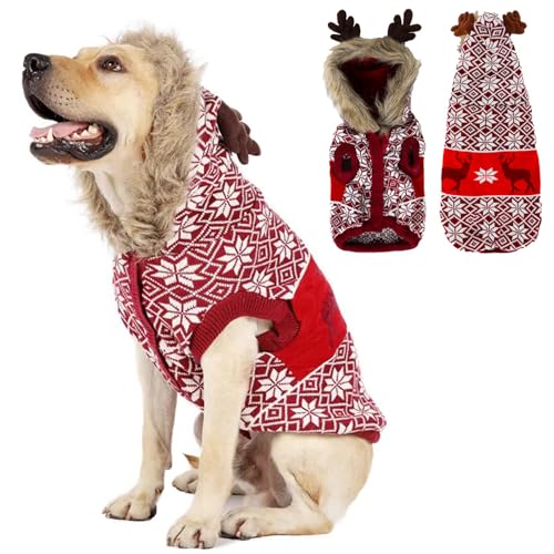 RUYICZB Weihnachts-Hundepullover Mit Mütze Für Kleine Bis Mittelgroße Hunde, Dick Gestrickt Fleece Xmas Rentier Festliche Winter Warm Hund Hoodie Niedlich Welpe Hundekleidung Mantel Kostüm,XXL von RUYICZB