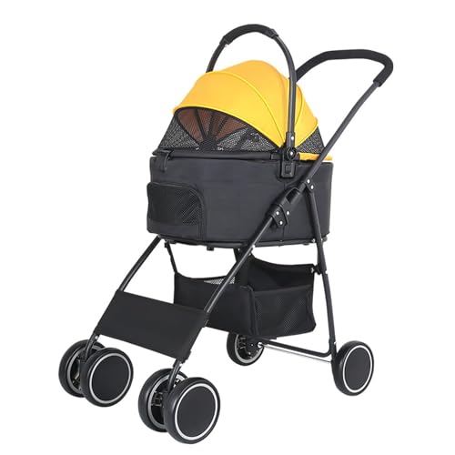 RUYICZB Zusammenklappbarer Haustier-Buggy mit Tragegriff, Hundebuggy mit Wetterschutz für alle Jahreszeiten, Reisetrolley-Träger, getrennte Hundebuggys,Gelb,52x30x50cm von RUYICZB