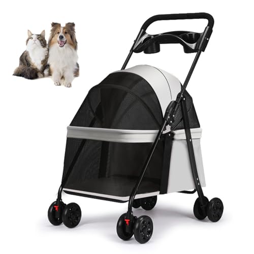 RUYICZB Zusammenklappbarer Haustier-Kinderwagen mit Getränkehalter und Aufbewahrungstasche auf der Rückseite, Welpen-Kinderwagen mit atmungsaktivem und sichtbarem Netz,Grau RUYICZB Zusammenklappbarer Haustier-Kinderwagen mit Getränkehalter und Aufbewahrungstasche auf der Rückseite, Welpen-Kinderwagen mit atmungsaktivem und sichtbarem Netz,Grau von RUYICZB