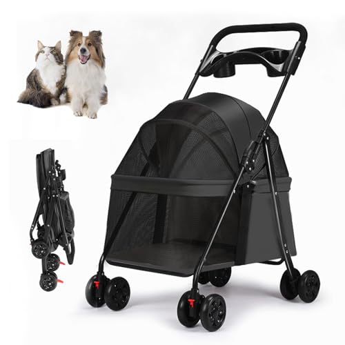 RUYICZB Zusammenklappbarer Haustier-Kinderwagen mit Getränkehalter und Aufbewahrungstasche auf der Rückseite, Welpen-Kinderwagen mit atmungsaktivem und sichtbarem Netz,Schwarz RUYICZB Zusammenklappbarer Haustier-Kinderwagen mit Getränkehalter und Aufbewahrungstasche auf der Rückseite, Welpen-Kinderwagen mit atmungsaktivem und sichtbarem Netz,Schwarz von RUYICZB
