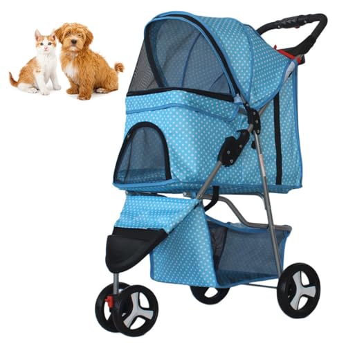 RUYICZB Zusammenklappbarer Reise Kinderwagen, Katzen-/Hundekäfig Kinderwagen mit atmungsaktivem und sichtbarem Netz, Leichter Haustierkinderwagen für kleine Hunde und Katzen,Blue dots von RUYICZB
