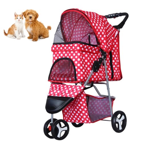 RUYICZB Zusammenklappbarer Reise Kinderwagen, Katzen-/Hundekäfig Kinderwagen mit atmungsaktivem und sichtbarem Netz, Leichter Haustierkinderwagen für kleine Hunde und Katzen,Red dots von RUYICZB