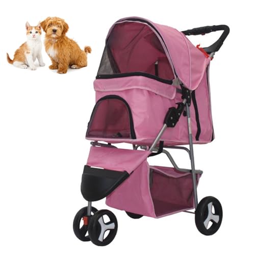 RUYICZB Zusammenklappbarer Reise Kinderwagen, Katzen-/Hundekäfig Kinderwagen mit atmungsaktivem und sichtbarem Netz, Leichter Haustierkinderwagen für kleine Hunde und Katzen,Rosa von RUYICZB