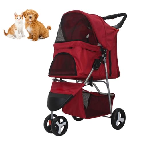 RUYICZB Zusammenklappbarer Reise Kinderwagen, Katzen-/Hundekäfig Kinderwagen mit atmungsaktivem und sichtbarem Netz, Leichter Haustierkinderwagen für kleine Hunde und Katzen,Rot von RUYICZB