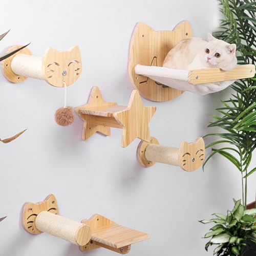 Wandmontiertes Katzenhängemattenbett 6 Stück Katzen Kletterregal Katze Wandstufen Holz Katzen Sitzstangen Plattform Möbel Für Kleine Katze Kätzchen Schlafen, Spielen, Klettern von RUYICZB