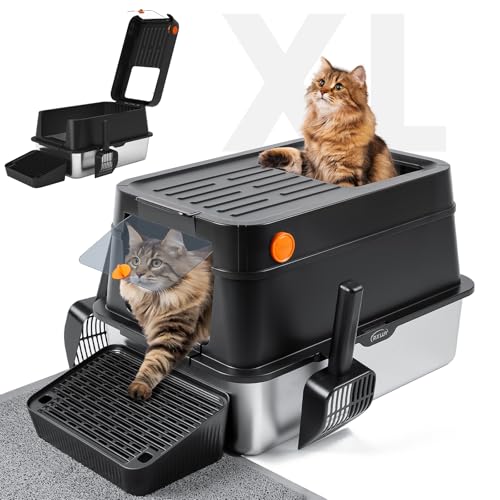 RXLUY Katzentoilette aus Edelstahl mit Deckel, Flip-Top für einfache Reinigung, extra große geschlossene Metall-Katzentoilette mit Kitty Streuschaufel & Matte (Schwarz) von RXLUY