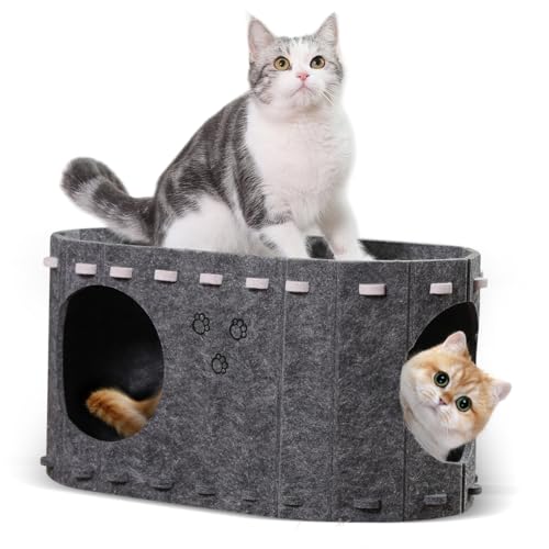 RXQNN Gemütliches Katzenhaus für Hauskatzen, 2-in-1, robustes Katzenhöhlenbett für mehrere Katzen bis zu 10 kg, platzsparender Katzentunnel, geschlossenes Bett mit 2 Ausgängen (Grau) von RXQNN