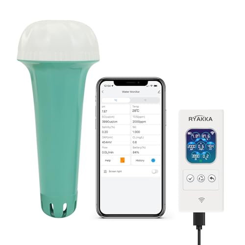 RYAKKA Smart Wassertestgerät für Pools,Teich 7-in-1-Chlor, PH, SAL,Temp,ORP,TDS,EC Messgerät Rapid WLAN Pooltester mit App Automatische Meldung Wassertester für Whirlpools & Spa von RYAKKA