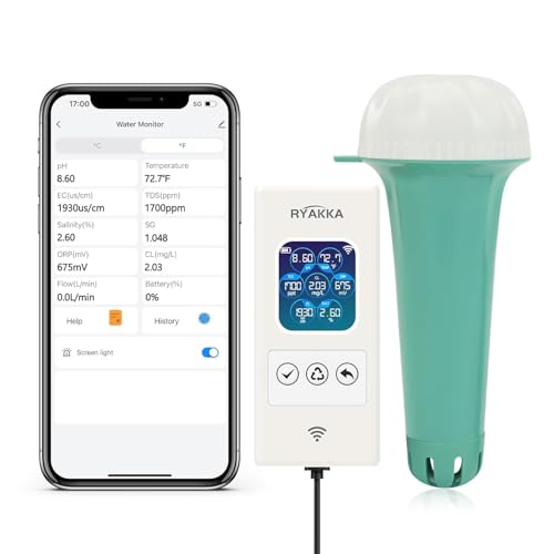 RYAKKA Smart Wassertestgerät für Pools,Teich 7-in-1-Chlor, PH, SAL,Temp,ORP,TDS,EC Messgerät Rapid WLAN Pooltester mit App Automatische Meldung Wassertester für Whirlpools & Spa RYAKKA Smart Wassertestgerät für Pools,Teich 7-in-1-Chlor, PH, SAL,Temp,ORP,TDS,EC Messgerät Rapid WLAN Pooltester mit App Automatische Meldung Wassertester für Whirlpools & Spa von RYAKKA
