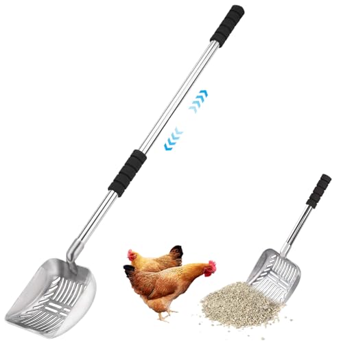 Rachlicy Chicken Poop Scooper 16-32in dehnbar schnell Sieben Metallhuhnkacke Schöpfchen mit großem Schaufel gepolstert Griff ohne Biegung abtrennbarer Hund Katze Müll Schaufel von Rachlicy