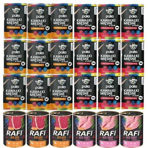Dolina Noteci Rafi & PAKO Mixbox Nassfutter für Hunde | 24x400g | Sorten mit Truthahn, Ente, Rind & Geflügel | Hoher Fleischanteil & Proteinreich | 9,6 kg von Rafi