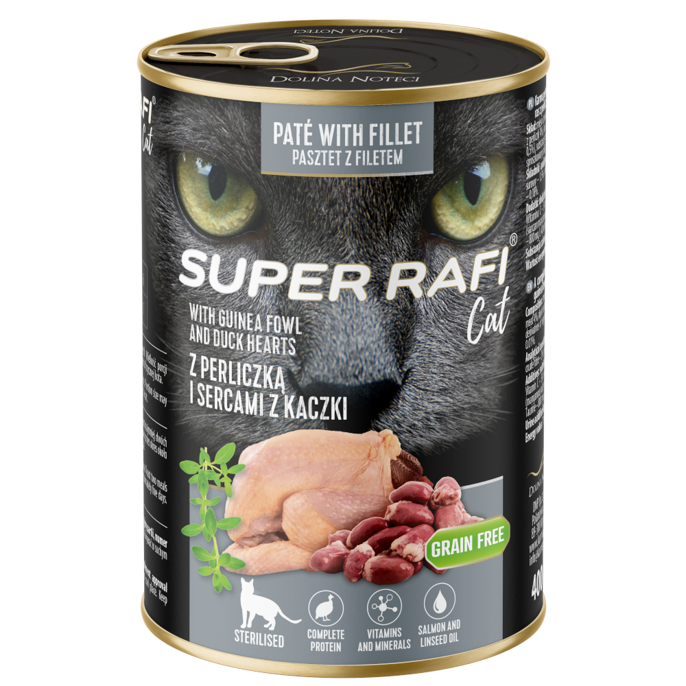 Super Rafi Sterilised Cat 12 x 400 g - Perlhuhn & Entenherzen von Rafi