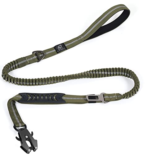 Raipult Taktische robuste Hundeleine, 1,2 - 1,8 m, starke Bungee-Hundeleine mit Froschclip und Auto-Sicherheitsgurt, reflektierende Gehleine mit 2 Griffen für mittelgroße und große Hunde, Grün von Raipult