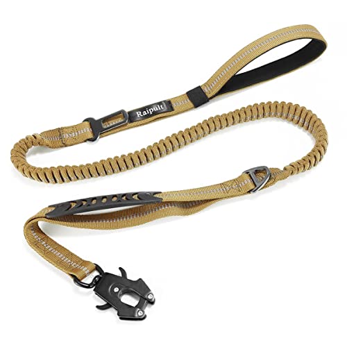 Raipult strapazierfähige, taktische Bungee-Hundeleine, ca- 1,2 - 1,8 m lang, kein Ziehen, mit Schnellverschluss-Karabiner, reflektierende, stoßdämpfende Leinen mit Auto-Sicherheitsgurt für mittelgroße von Raipult