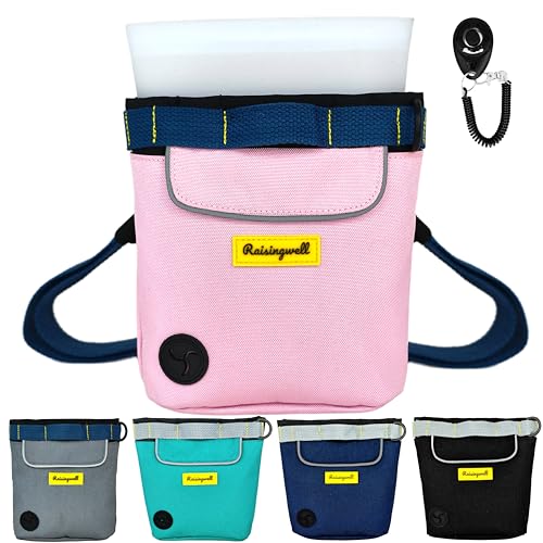 Raisingwell Leckerli-Tasche für Hunde zum Spazierengehen und Training mit Clicker, Silikonbeutel, kleine Bauchtasche, Halter für Welpen, Snackspender-Set für Leine und Außenbereich (Rosa) von Raisingwell
