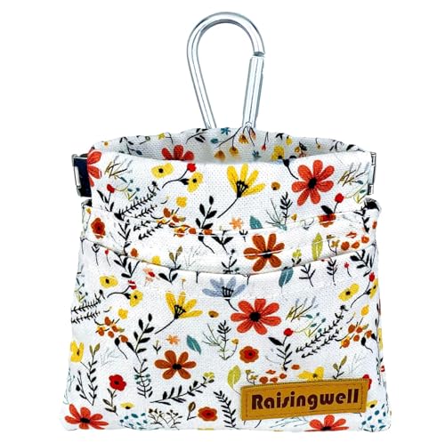 Raisingwell Leckerlibeutel Hund – Tasche 12×11 cm mit Karabiner, Magnetverschluss, Cotton Stoff & Kotbeutel‑Clip – kompakt & handfrei beim Spaziergang (Begie Blume) von Raisingwell