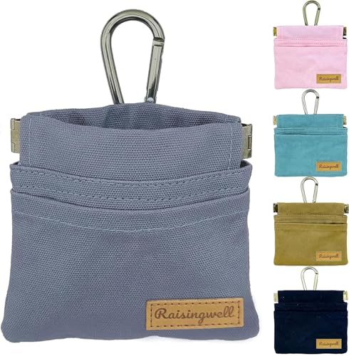 Raisingwell Leckerlibeutel Hund – Tasche 12×11 cm mit Karabiner, Magnetverschluss, Cotton Stoff & Kotbeutel‑Clip – kompakt & handfrei beim Spaziergang (Grau) von Raisingwell