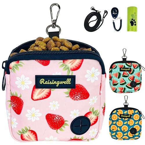 Raisingwell Leckerlibeutel Hund mit Clicker und Kotbeutelspender – kompakte Trainingstasche mit Magnetverschluss, waschbar & tragbar (Erdbeere) von Raisingwell