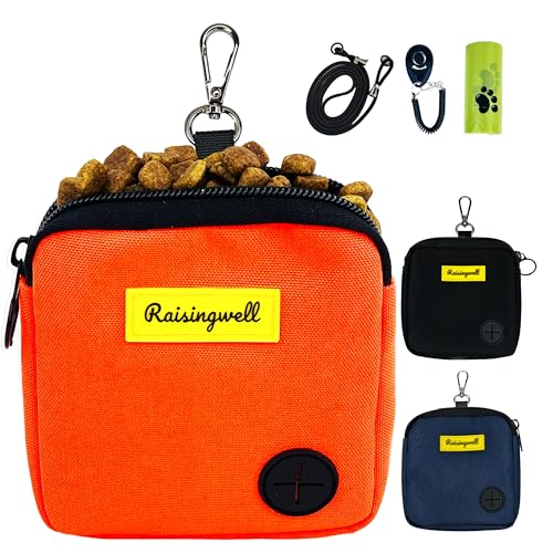 Raisingwell Leckerlibeutel Hund mit Clicker und Kotbeutelspender – kompakte Trainingstasche mit Magnetverschluss, waschbar & tragbar (Orange) von Raisingwell